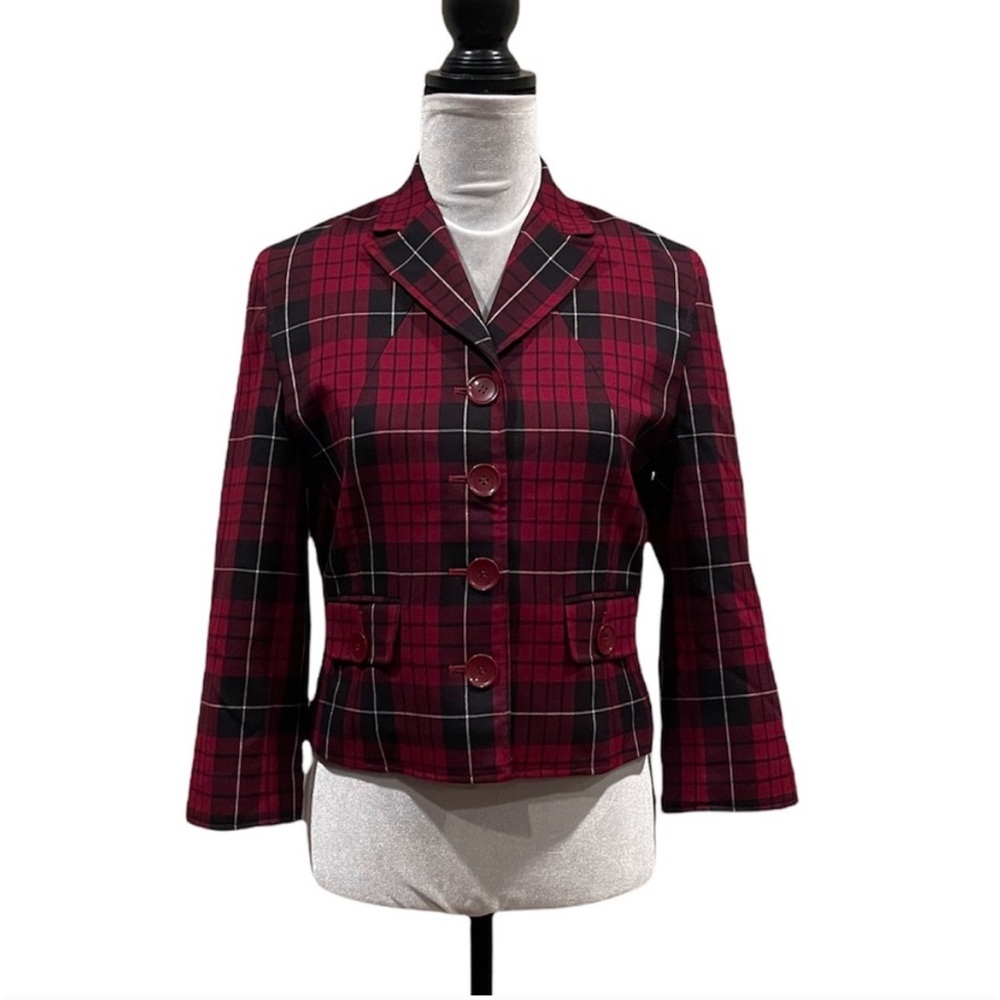 The Limited tartan plaid print button front red black blazer 3/4 sleeve size 6